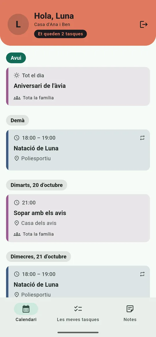 Pantalla d'un menor amb mòbil després d'entrar amb un codi: el seu calendari i només el que li correspon