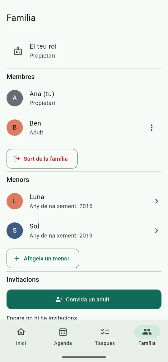 Membres de la família, perfils de menors i invitacions
