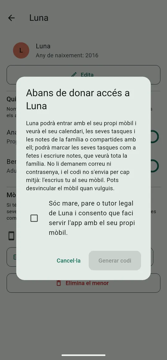 Avís previ a donar accés a un menor: què veurà i què podrà fer, i la declaració de mare, pare o tutor legal