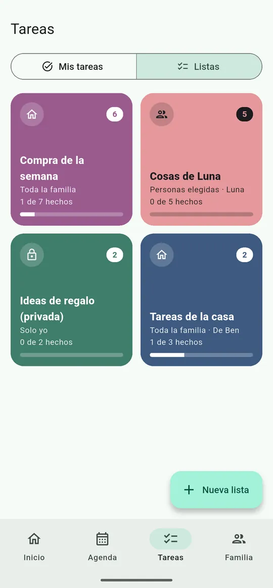 Listas de colores, cada una con su visibilidad: privada, de la familia o de personas concretas