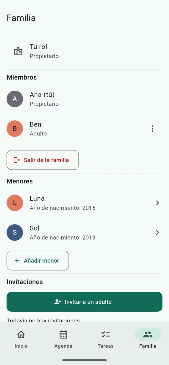 Miembros de la familia, perfiles de menores e invitaciones